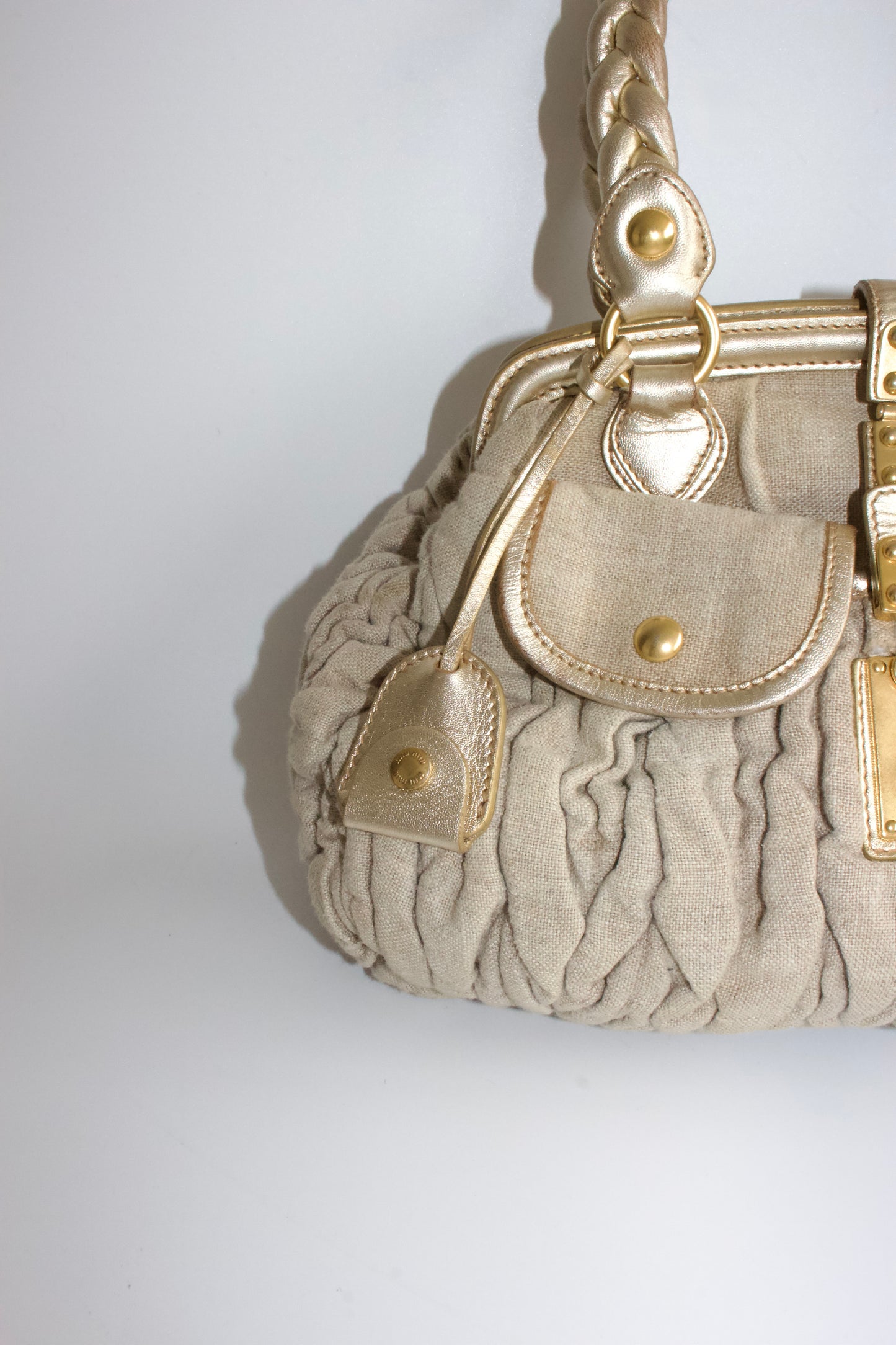 Miu Miu FW 2006 beige-gold canvas matelassé Coffer handbag