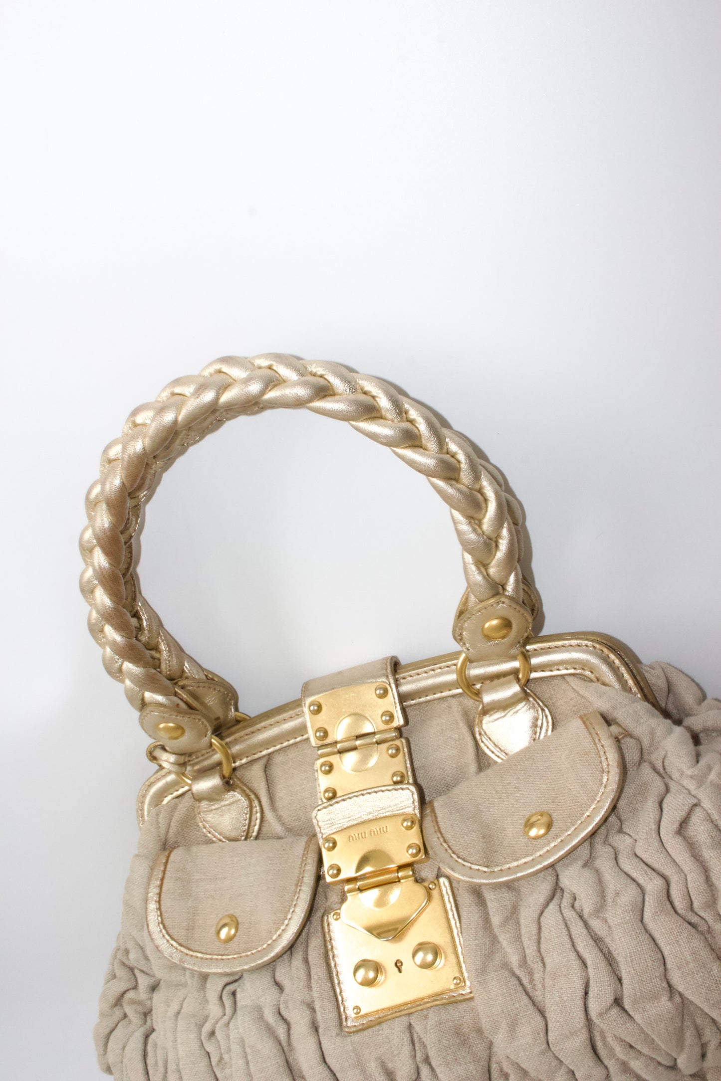 Miu Miu FW 2006 beige-gold canvas matelassé Coffer handbag