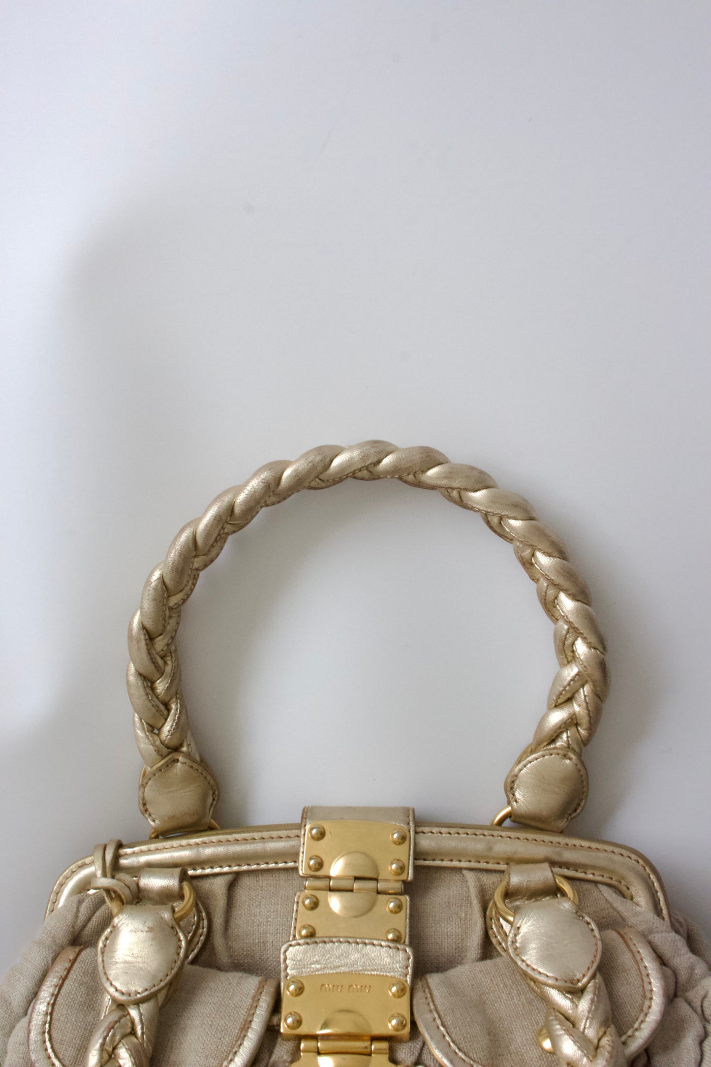 Miu Miu FW 2006 beige-gold canvas matelassé Coffer handbag