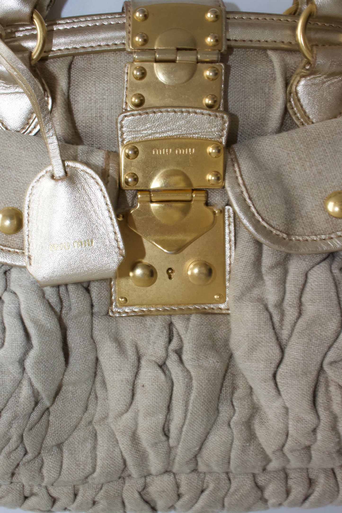 Miu Miu FW 2006 beige-gold canvas matelassé Coffer handbag