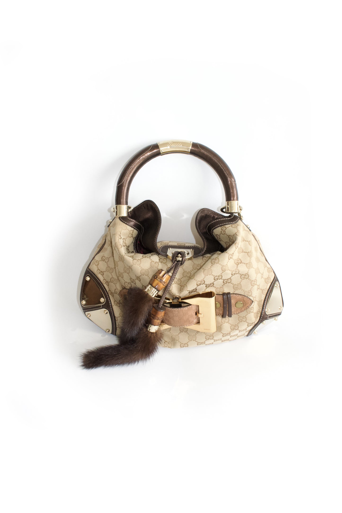 Gucci Indy brown monogram bag with mink fur tassels