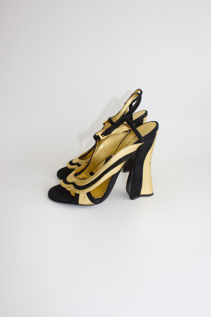 Prada SS 2008 black and gold suede heels
