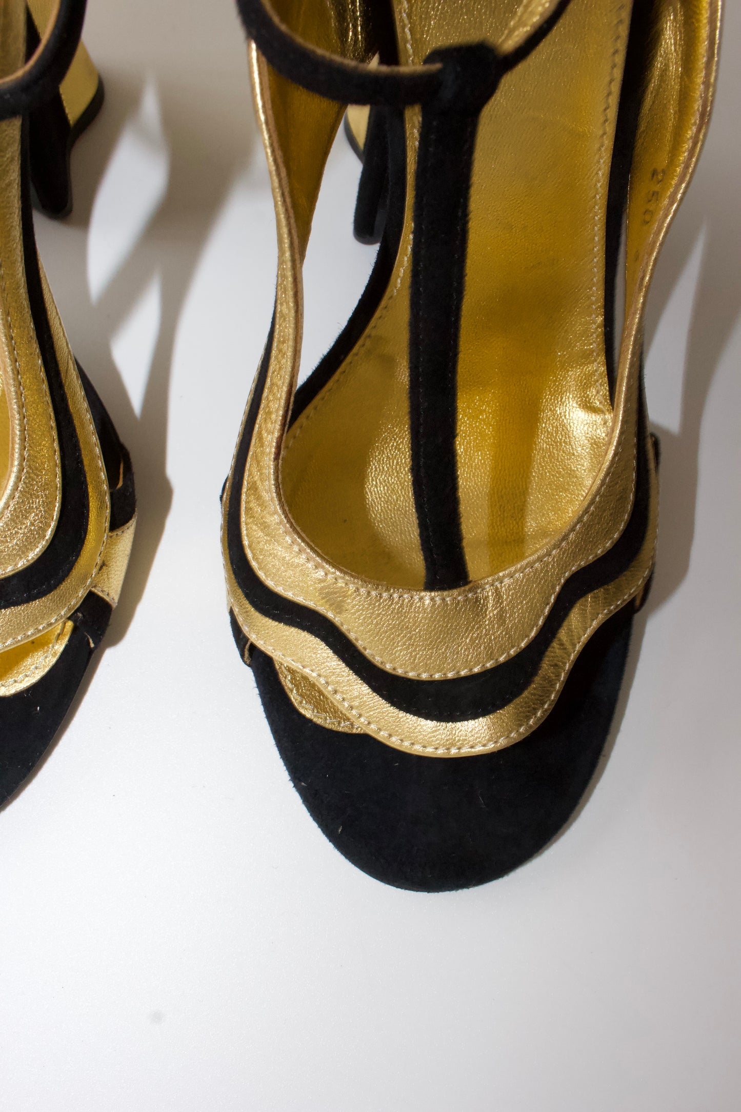 Prada SS 2008 black and gold suede heels
