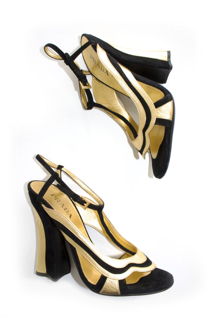 Prada SS 2008 black and gold suede heels