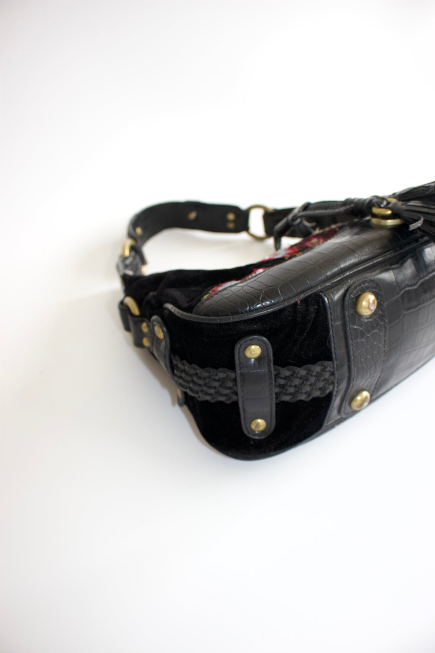 Roberto Cavalli 2000s black velvet embroidered shoulder bag