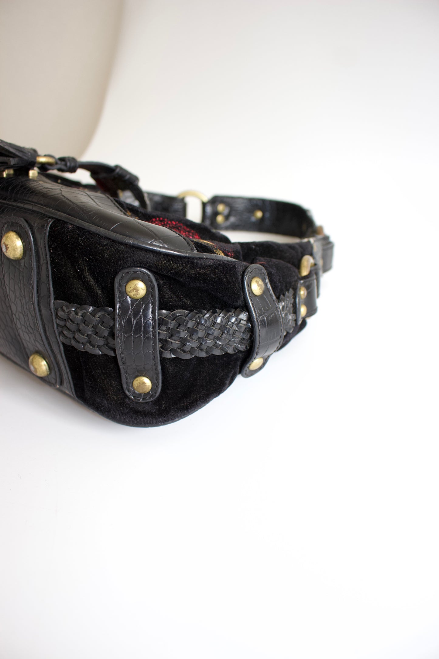 Roberto Cavalli 2000s black velvet embroidered shoulder bag