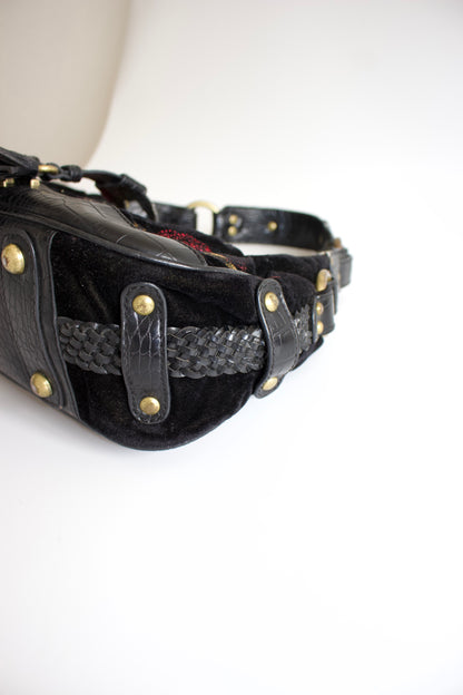 Roberto Cavalli 2000s black velvet embroidered shoulder bag