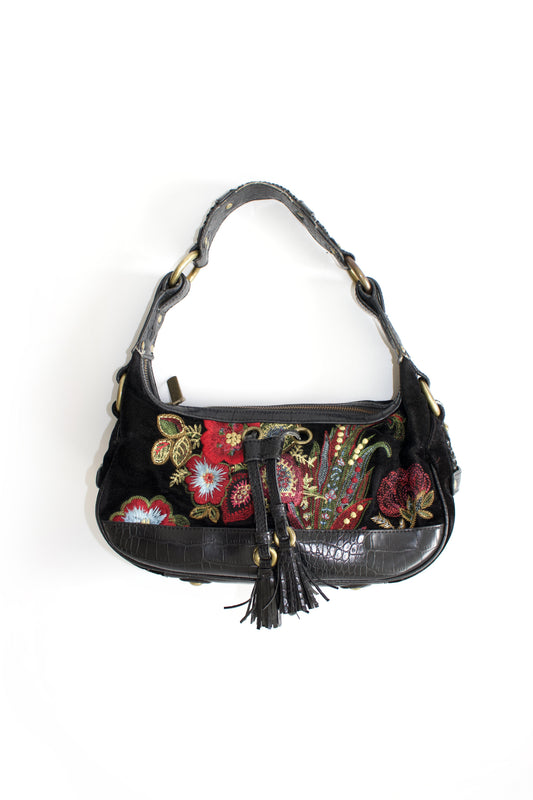 Roberto Cavalli 2000s black velvet embroidered shoulder bag