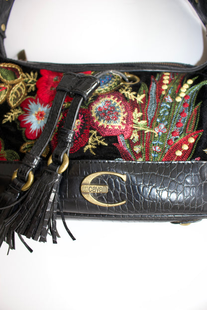 Roberto Cavalli 2000s black velvet embroidered shoulder bag