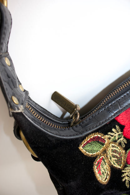 Roberto Cavalli 2000s black velvet embroidered shoulder bag