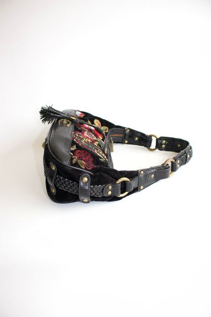 Roberto Cavalli 2000s black velvet embroidered shoulder bag