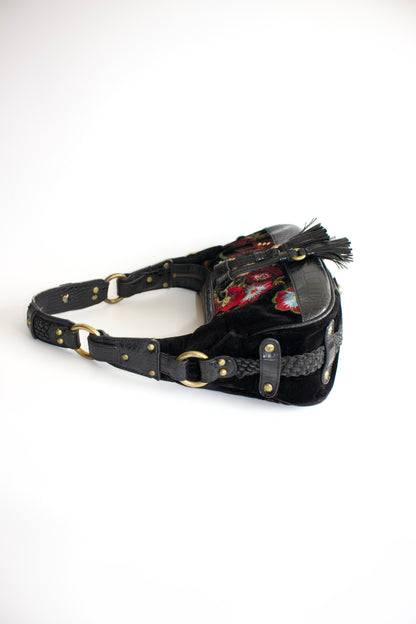 Roberto Cavalli 2000s black velvet embroidered shoulder bag