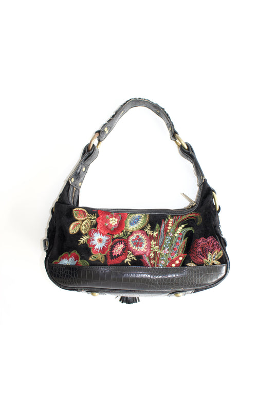 Roberto Cavalli 2000s black velvet embroidered shoulder bag