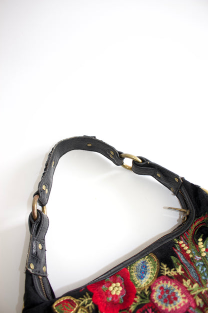 Roberto Cavalli 2000s black velvet embroidered shoulder bag