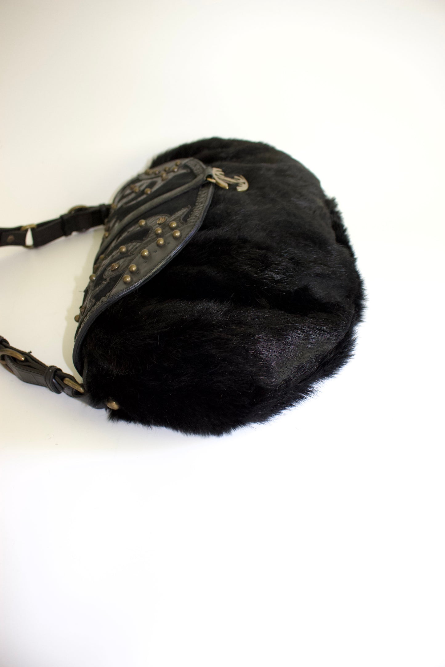 Roberto Cavalli 2000s black fur shoulder bag