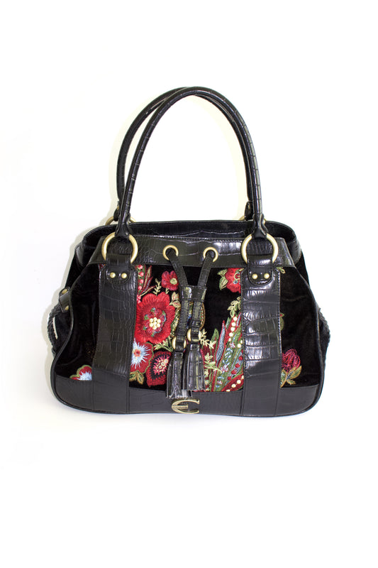 Roberto Cavalli 2000s black velvet floral embroidered shoulder bag