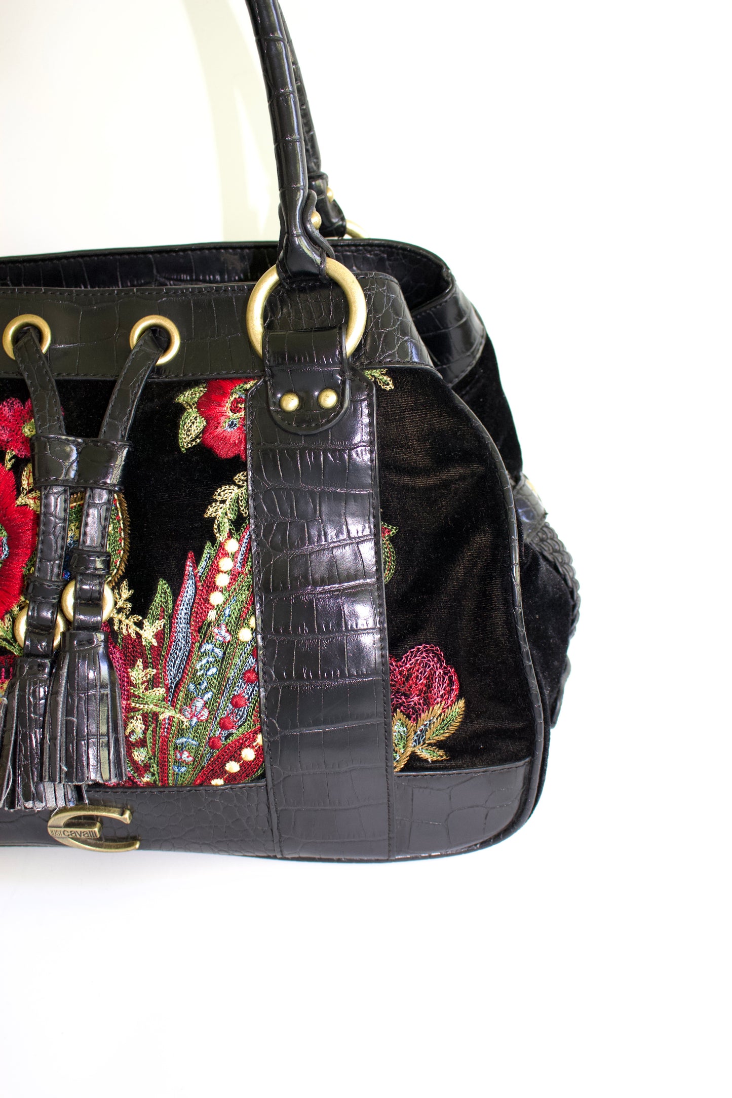 Roberto Cavalli 2000s black velvet floral embroidered shoulder bag