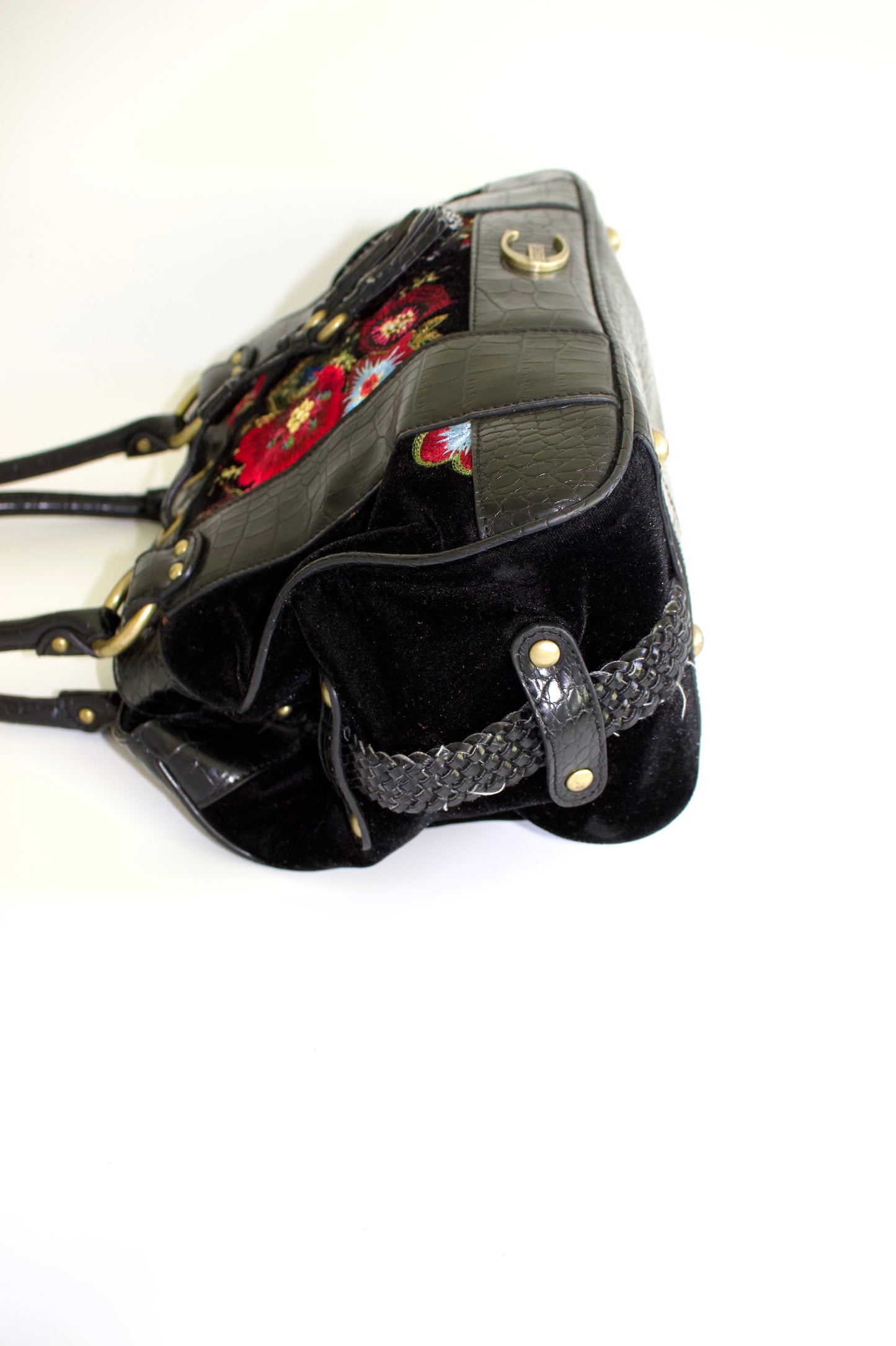 Roberto Cavalli 2000s black velvet floral embroidered shoulder bag