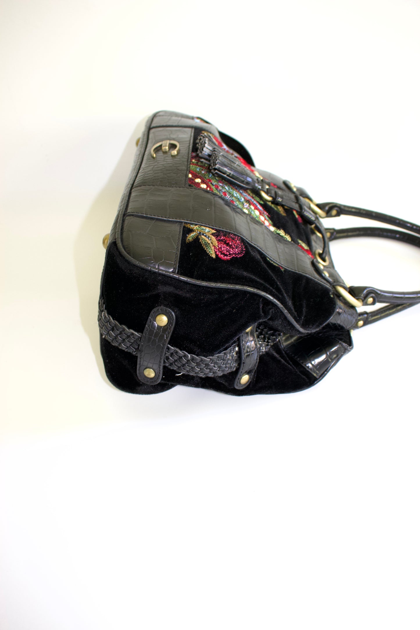 Roberto Cavalli 2000s black velvet floral embroidered shoulder bag