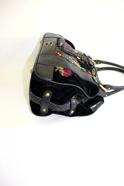 Roberto Cavalli 2000s black velvet floral embroidered shoulder bag