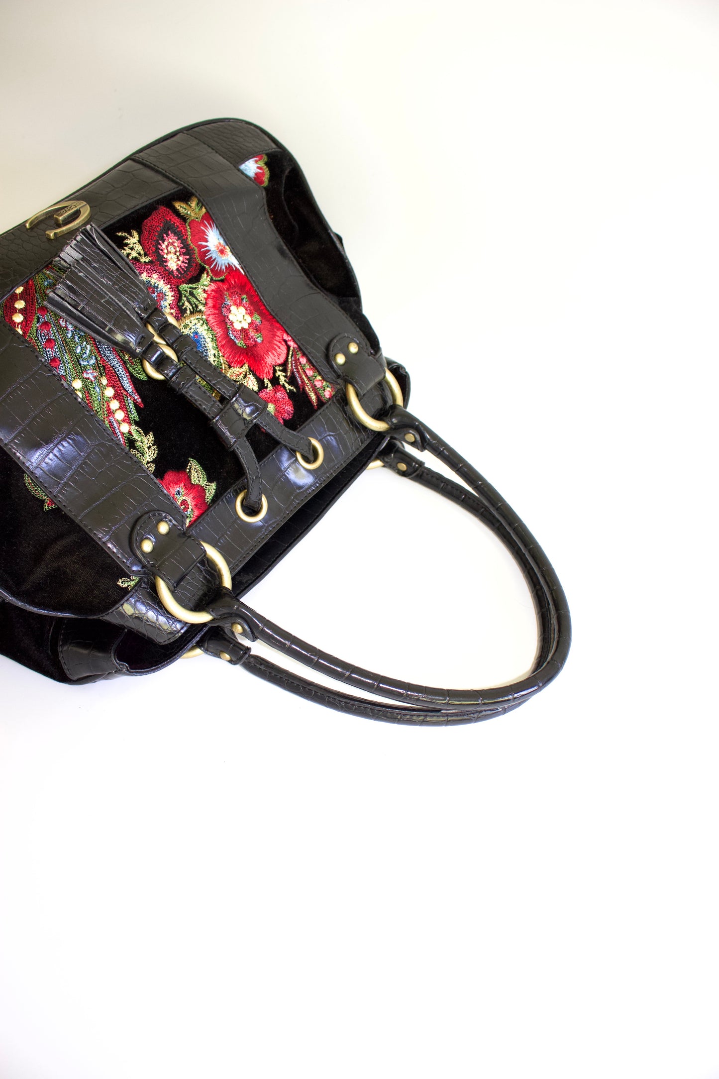 Roberto Cavalli 2000s black velvet floral embroidered shoulder bag