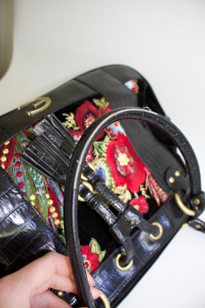 Roberto Cavalli 2000s black velvet floral embroidered shoulder bag