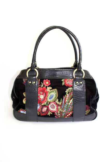 Roberto Cavalli 2000s black velvet floral embroidered shoulder bag
