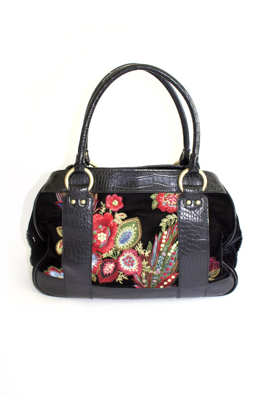 Roberto Cavalli 2000s black velvet floral embroidered shoulder bag