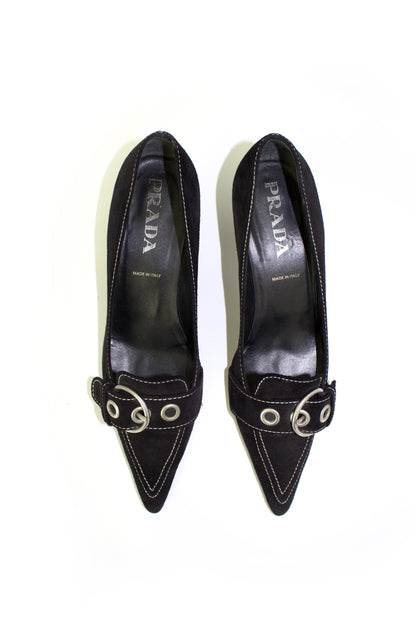 Prada SS 2002 black suede kitten heels