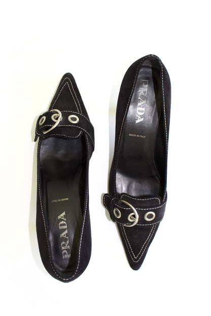 Prada SS 2002 black suede kitten heels