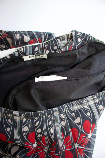 Miu Miu FW 2001 black and red floral silk skirt