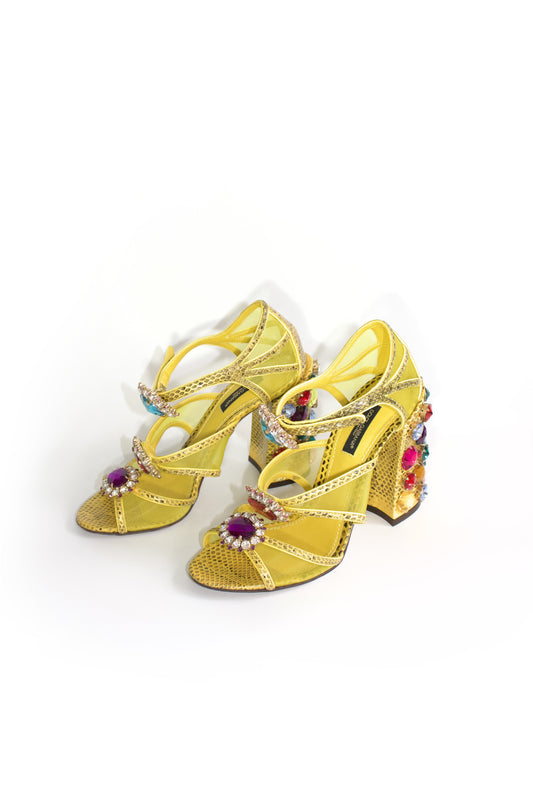 Dolce & Gabbana SS 2018 yellow snakeskin heels with gemstones