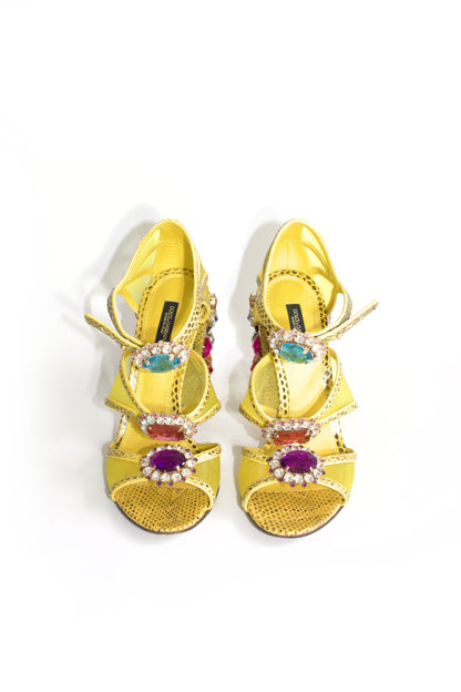 Dolce & Gabbana SS 2018 yellow snakeskin heels with gemstones