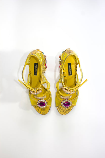 Dolce & Gabbana SS 2018 yellow snakeskin heels with gemstones
