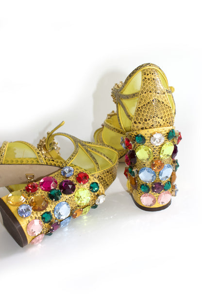 Dolce & Gabbana SS 2018 yellow snakeskin heels with gemstones