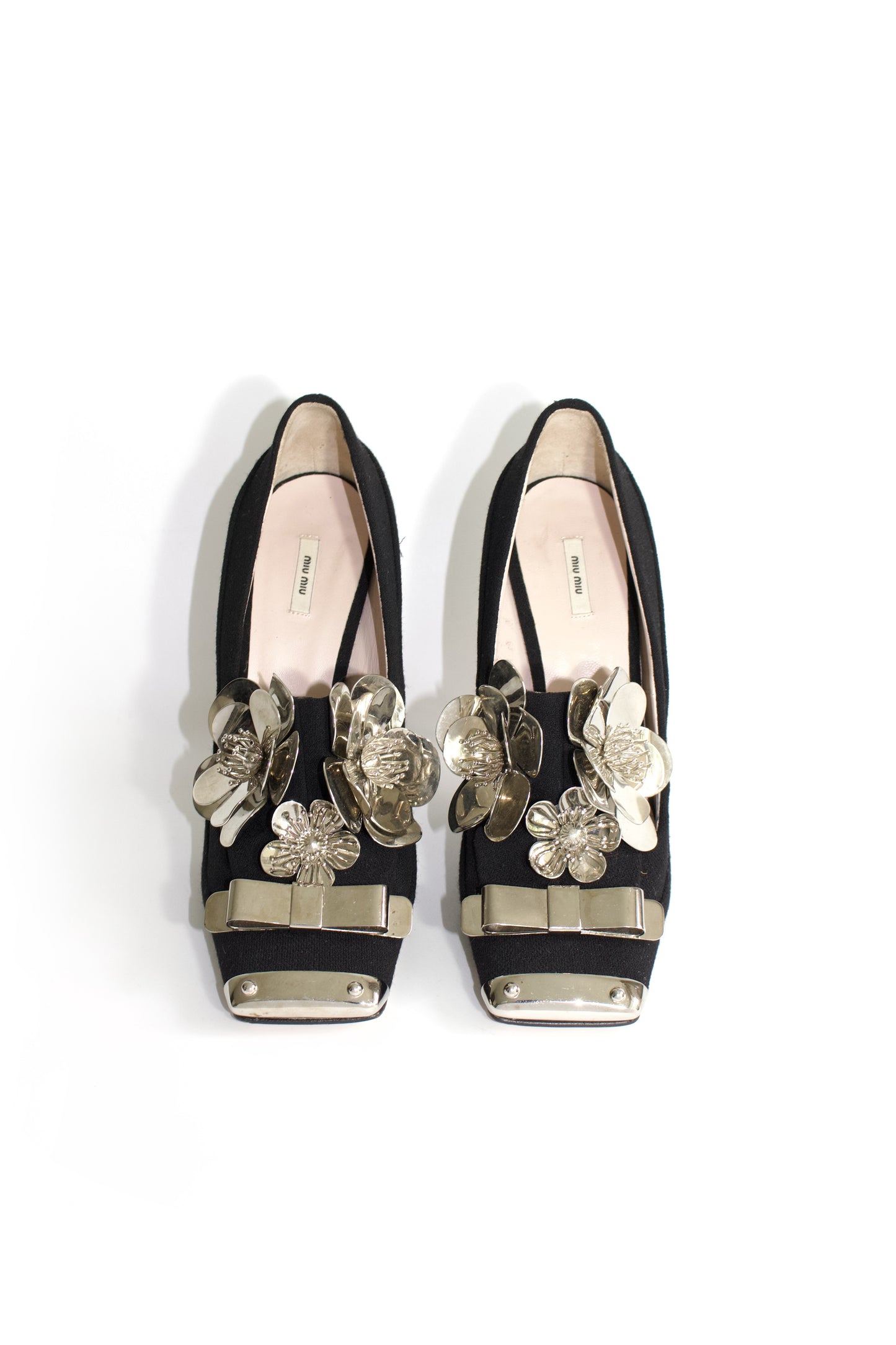 Miu Miu FW 2010 black heels with metallic flowers