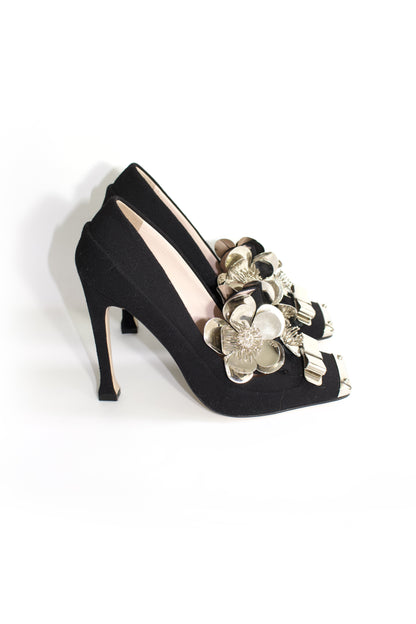 Miu Miu FW 2010 black heels with metallic flowers