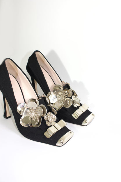 Miu Miu FW 2010 black heels with metallic flowers