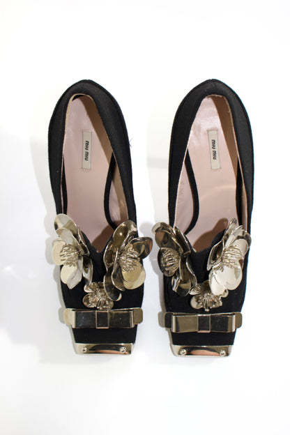 Miu Miu FW 2010 black heels with metallic flowers