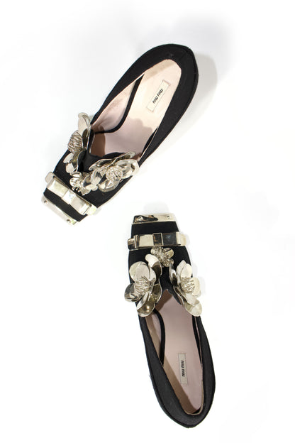 Miu Miu FW 2010 black heels with metallic flowers