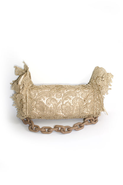 Prada FW 2008 golden lace & leather shoulder bag
