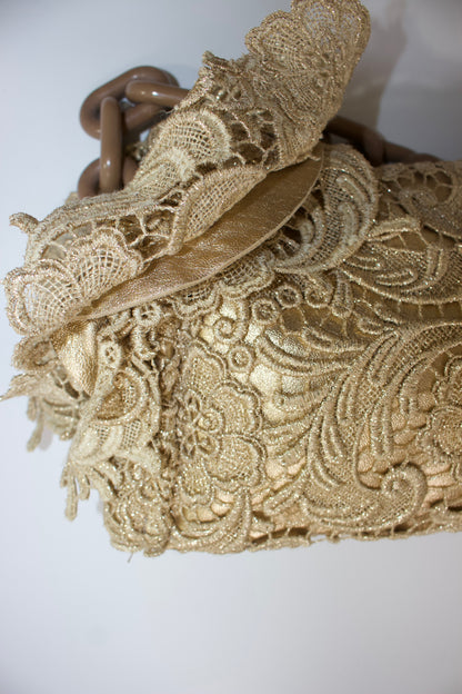 Prada FW 2008 golden lace & leather shoulder bag