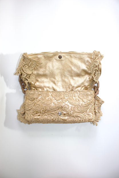 Prada FW 2008 golden lace & leather shoulder bag