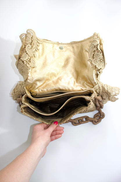 Prada FW 2008 golden lace & leather shoulder bag