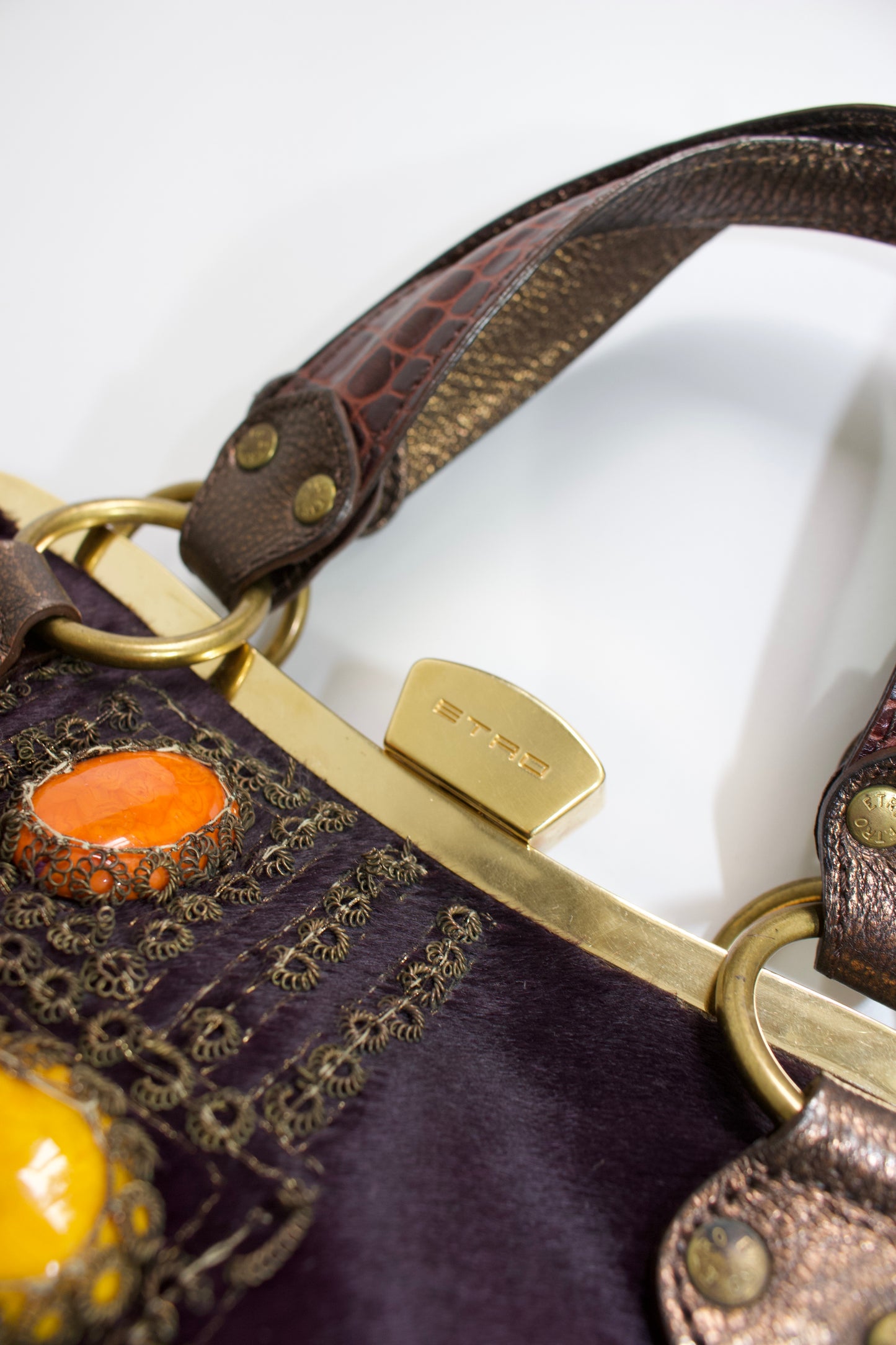 Etro purple cowhide & croc-leather bag with gemstones