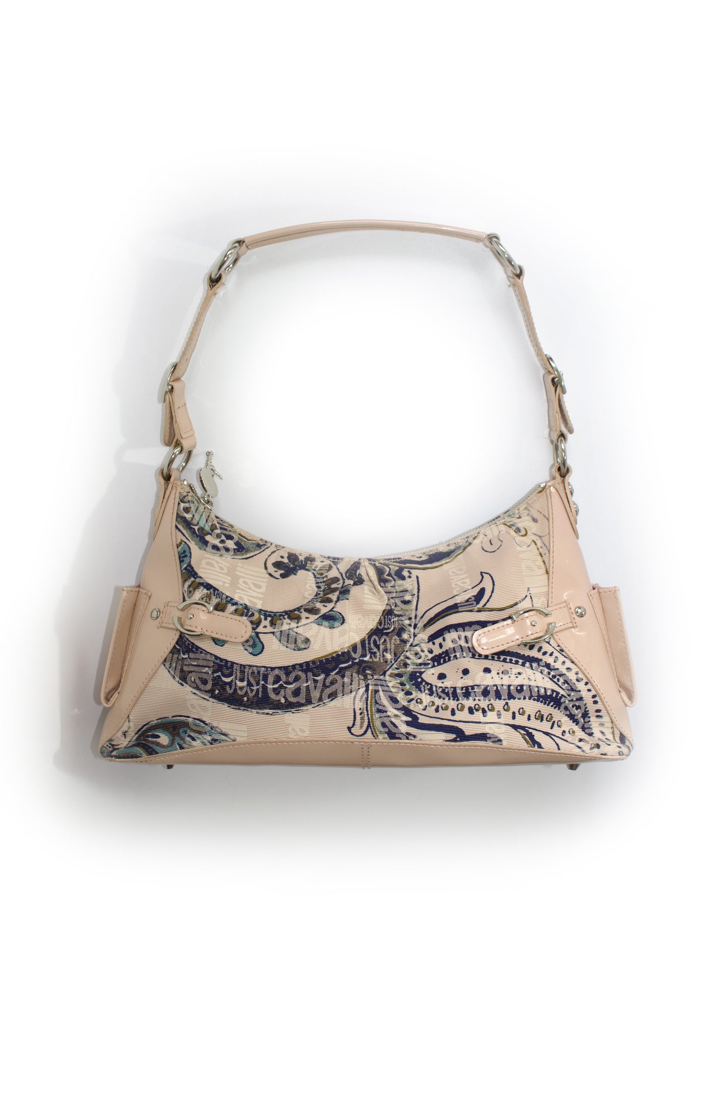 Roberto Cavalli 2000s light pink canvas & patent leather floral shoulder bag