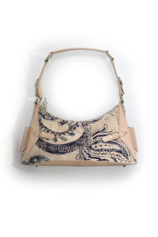 Roberto Cavalli 2000s light pink canvas & patent leather floral shoulder bag