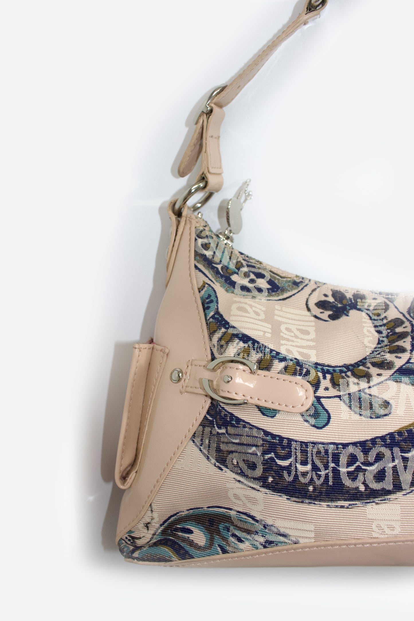 Roberto Cavalli 2000s light pink canvas & patent leather floral shoulder bag