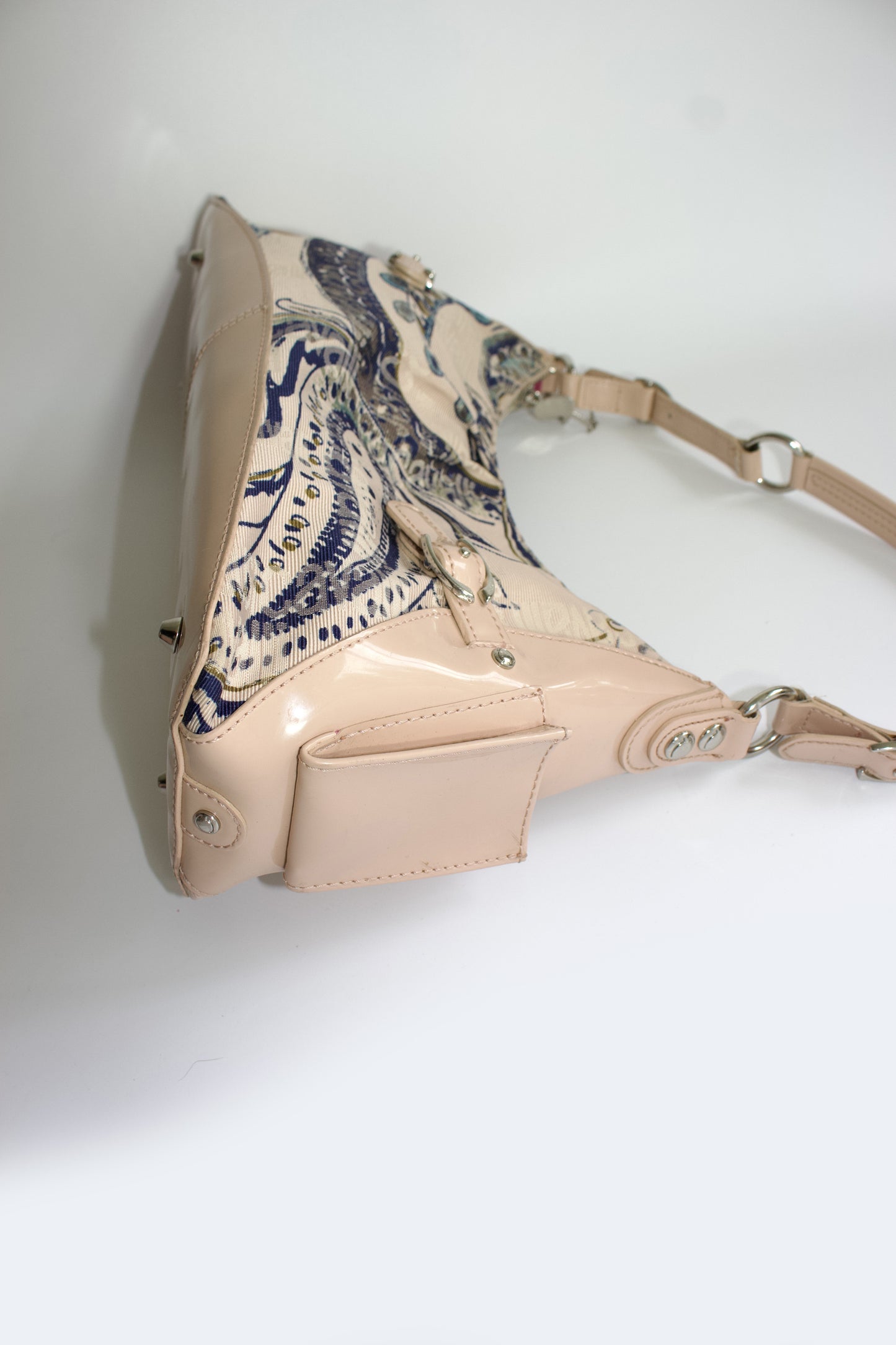 Roberto Cavalli 2000s light pink canvas & patent leather floral shoulder bag