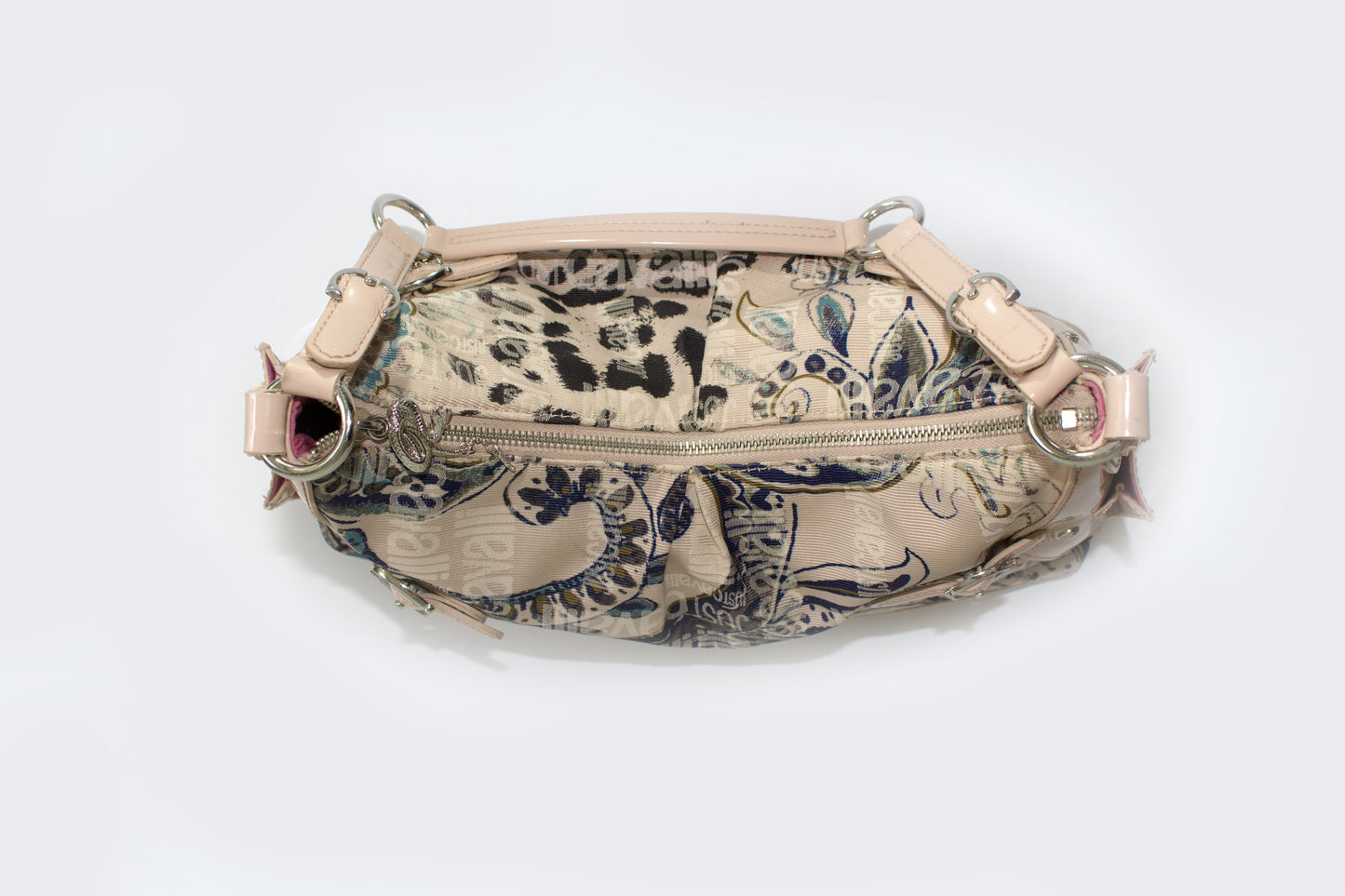 Roberto Cavalli 2000s light pink canvas & patent leather floral shoulder bag